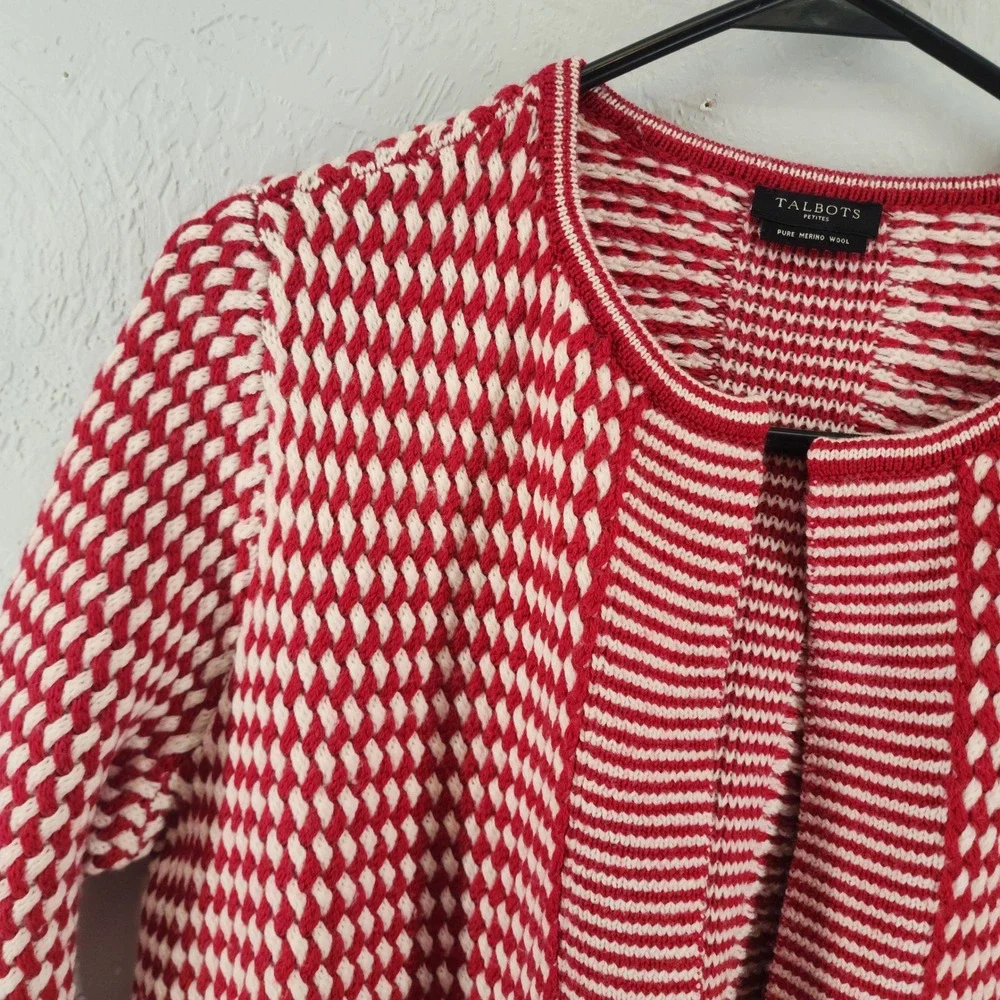 Talbots P Small | Red White Basket Weave Knit Open Merino Wool Cardigan Sweater